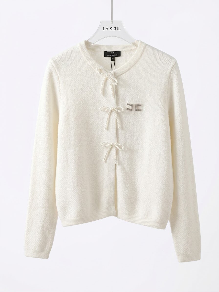 Elisabetta Franchi knit cardigan Ivory with a pearl bow tie and crystal GC logo - Image 1