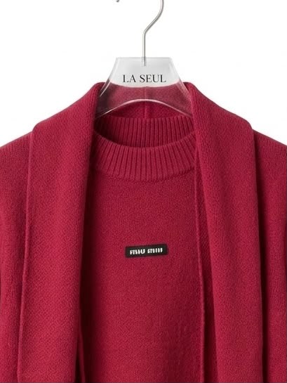 Miu Miu knit sweater Bright red  with a matching pom-pom scarf - Image 3