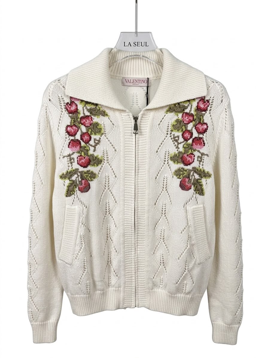 Valentino zip-up knit cardigan Cream with embroidered berry motifs and pointelle details - Image 1
