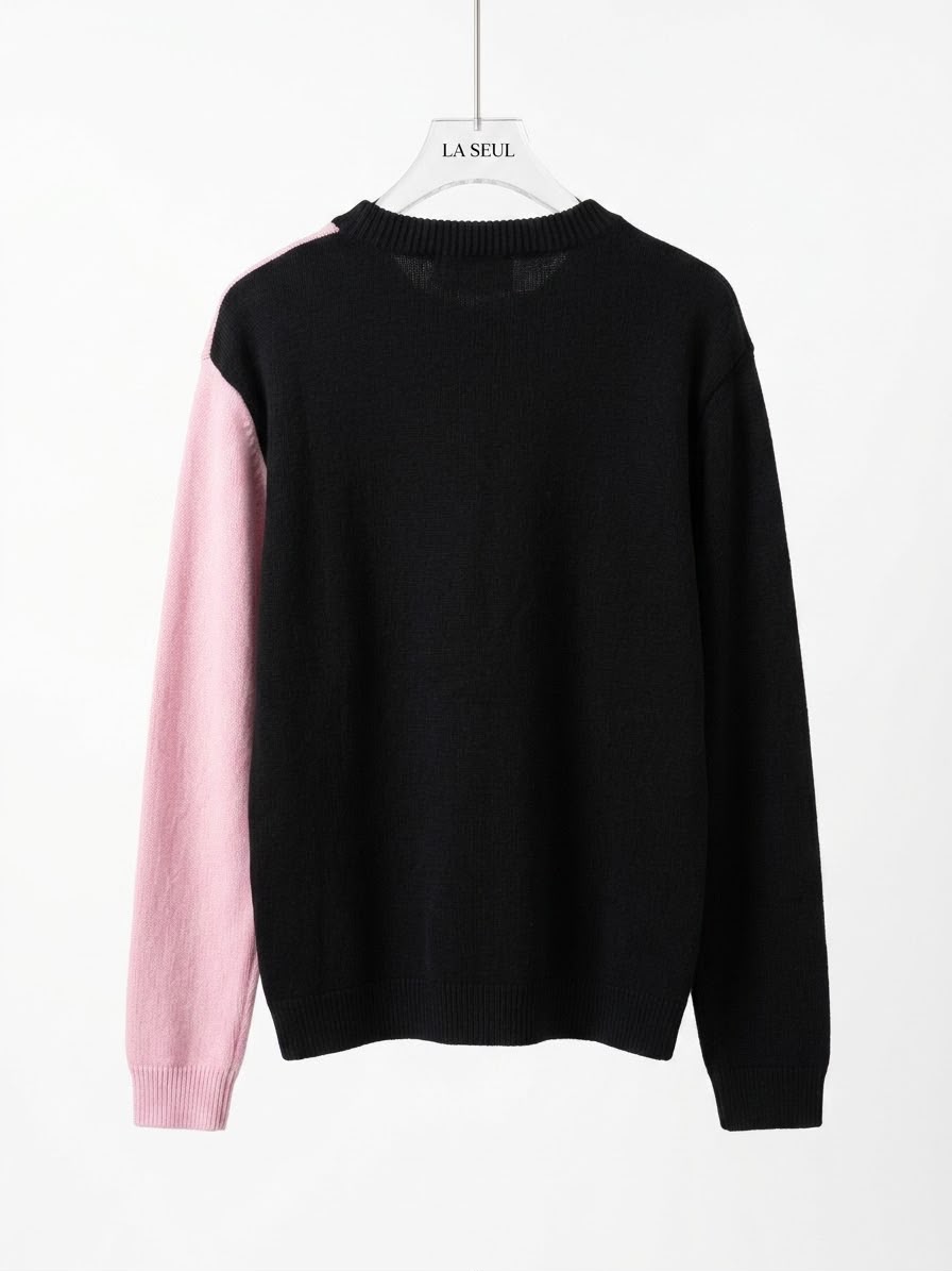 Erdos V neck sweater Black and pink with abstract face motif - Image 1
