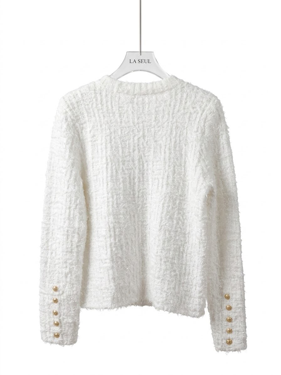 White Balmain textured knit jacket with signature embossed gold buttons and four front pockets - Image 1