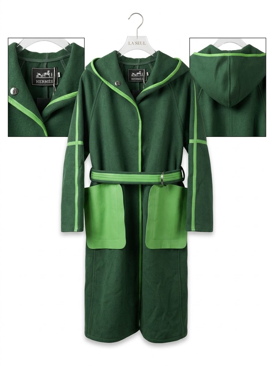 Hermès hooded coat Dark green with line green contrasting trim and pockets - Image 1