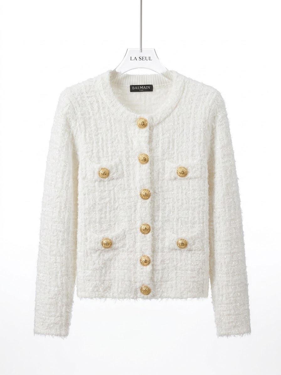 White Balmain textured knit jacket with signature embossed gold buttons and four front pockets - Image 3