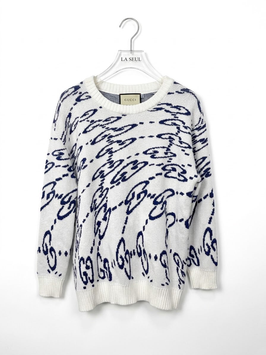 Gucci knit sweater White with a distorted navy blue GG monogram pattern - Image 3