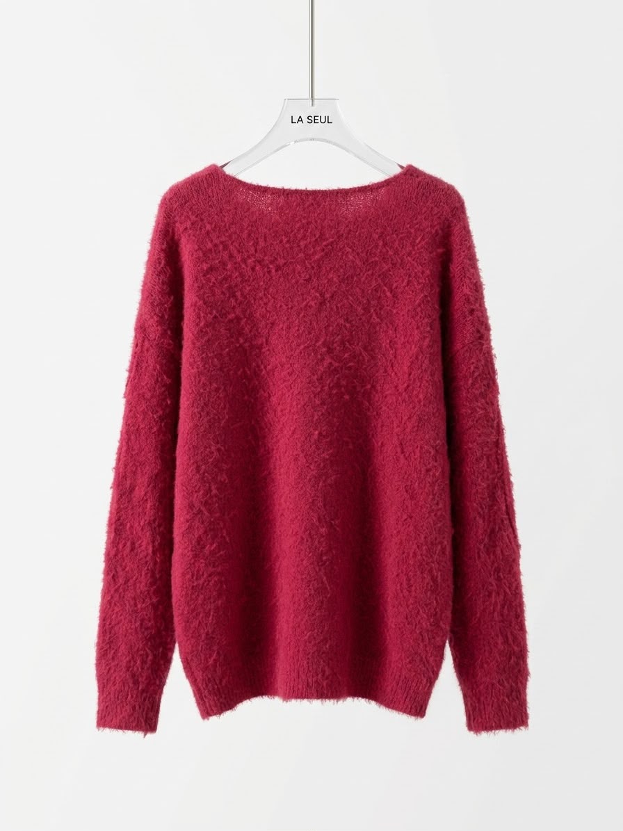 Magenta Loewe fuzzy knit V-neck sweater with raised looping yarn details - Image 3