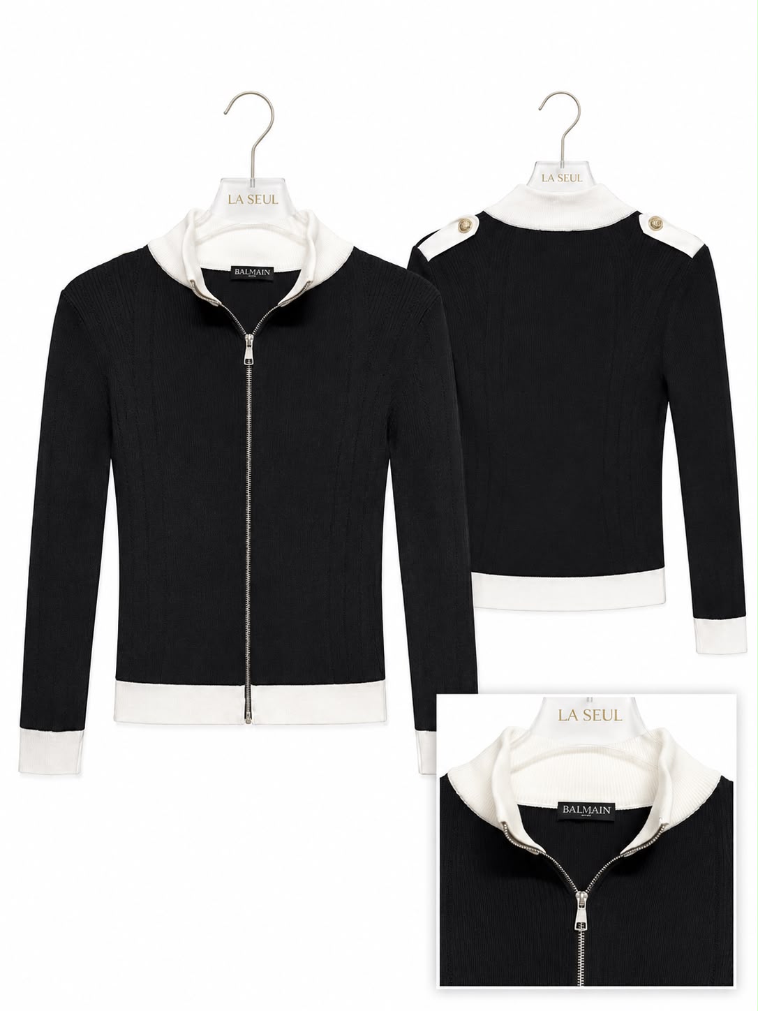 Balmain ribbed knit zip-up cardigan Black with white - Image 3