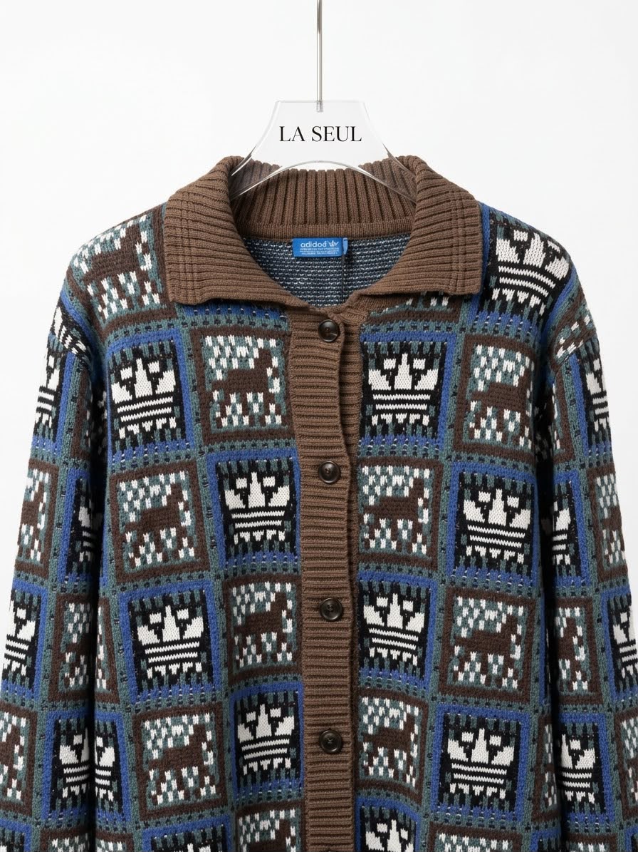 Adidas jacquard knit cardigan Brown and blue with repeating Trefoil logo pattern - Image 1