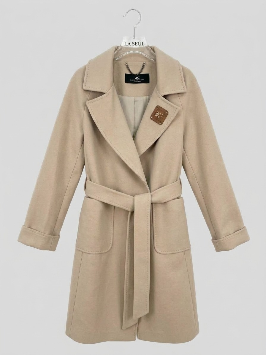 Long Coat beige With belt - Image 2