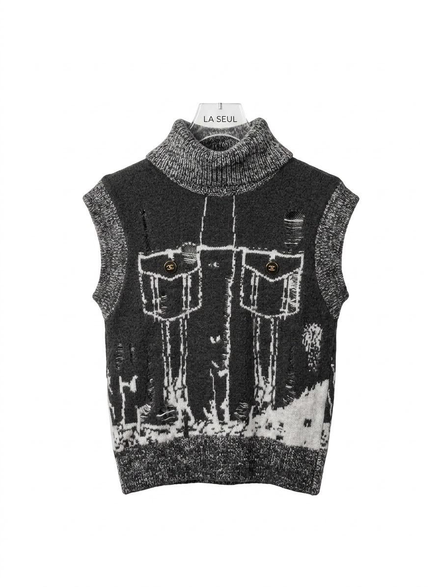 Chanel distressed knit turtleneck vest Black with trompe l'oeil jacket design - Image 3
