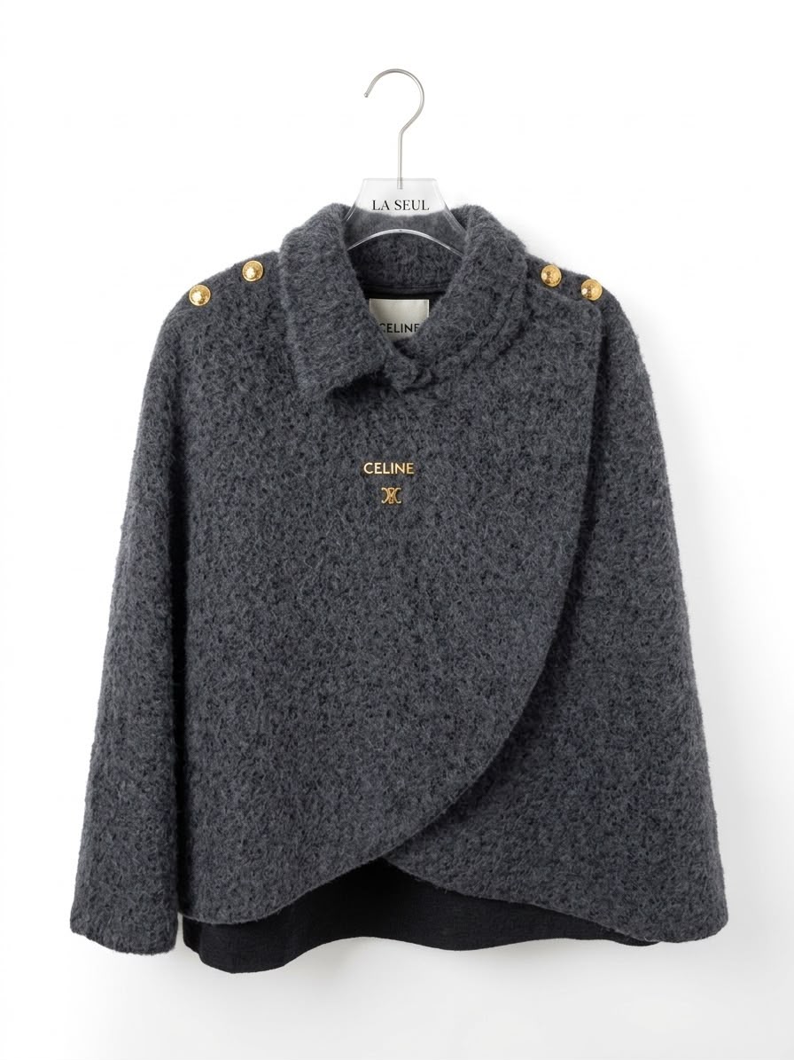 Celine textured wool wrap cape Charcoal grey with gold shoulder buttons and Triomphe logo - Image 1