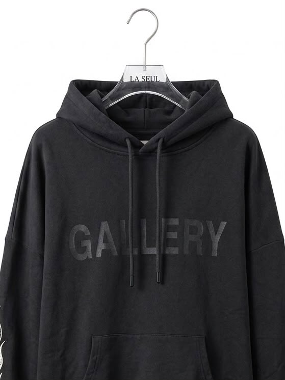 Gallery hoodie Black with tonal chest logo and flame sleeve graphics - Image 1