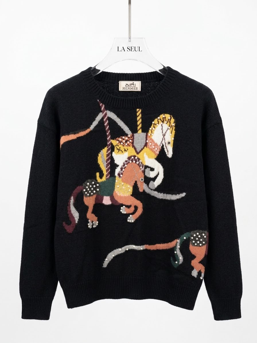 Hermès knit sweater Black with carousel horse motif - Image 2