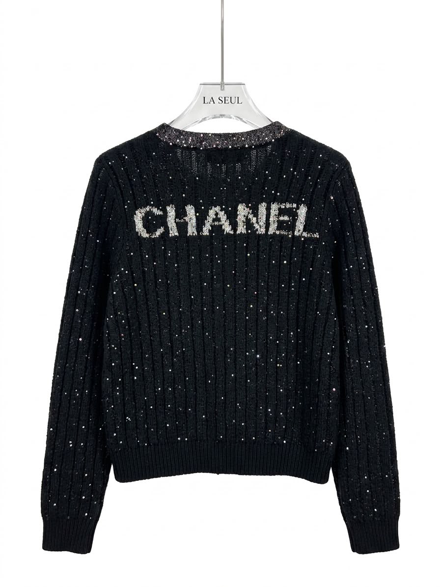 Chanel ribbed knit cardigan Black with multicolored metallic threads - Image 2