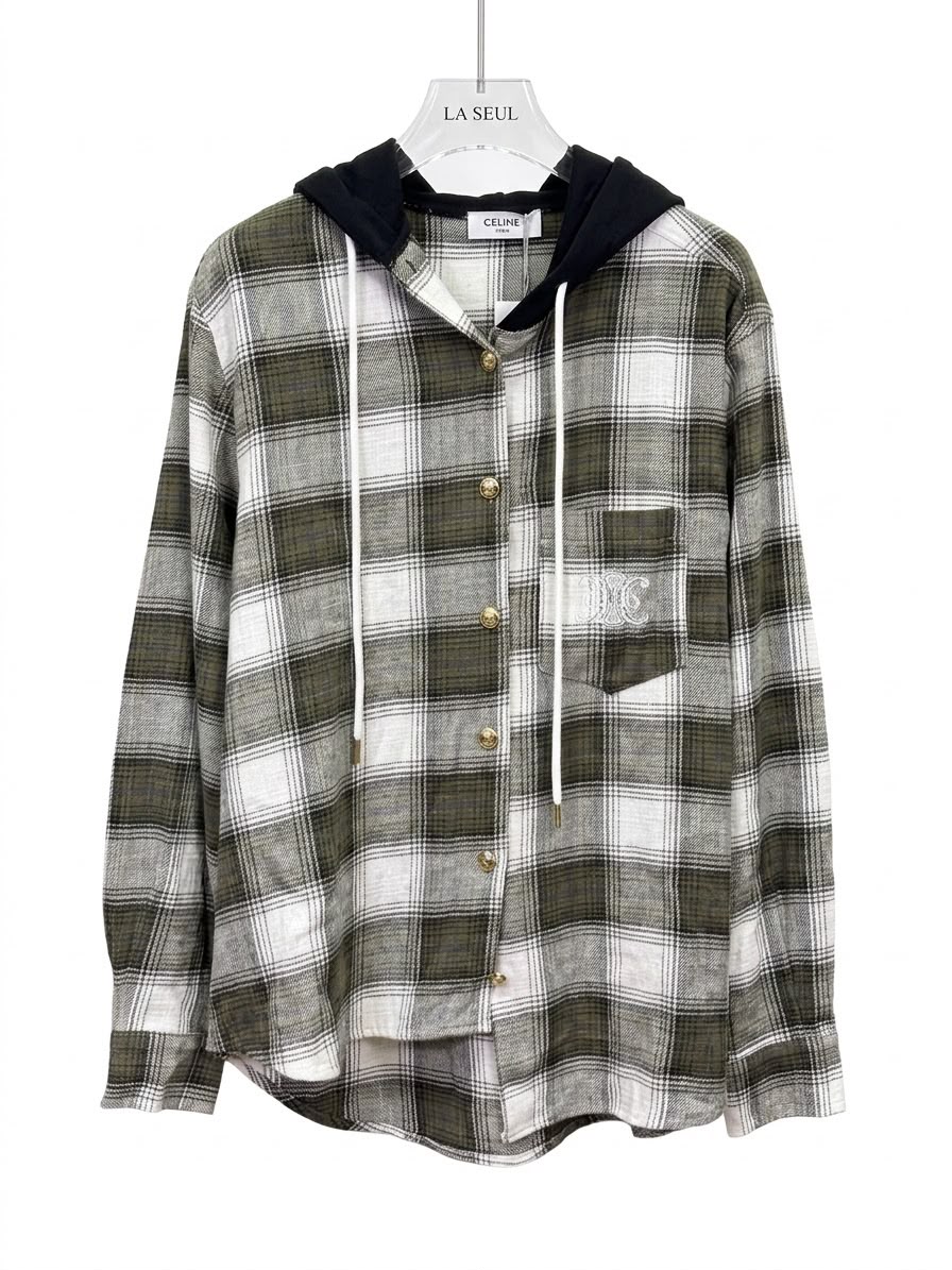 Celine plaid hooded shirt Olive green and white