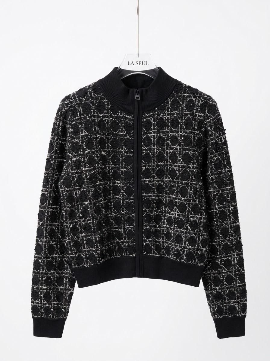 Dior textured knit zip-up jacket Black with signature white cannage motif