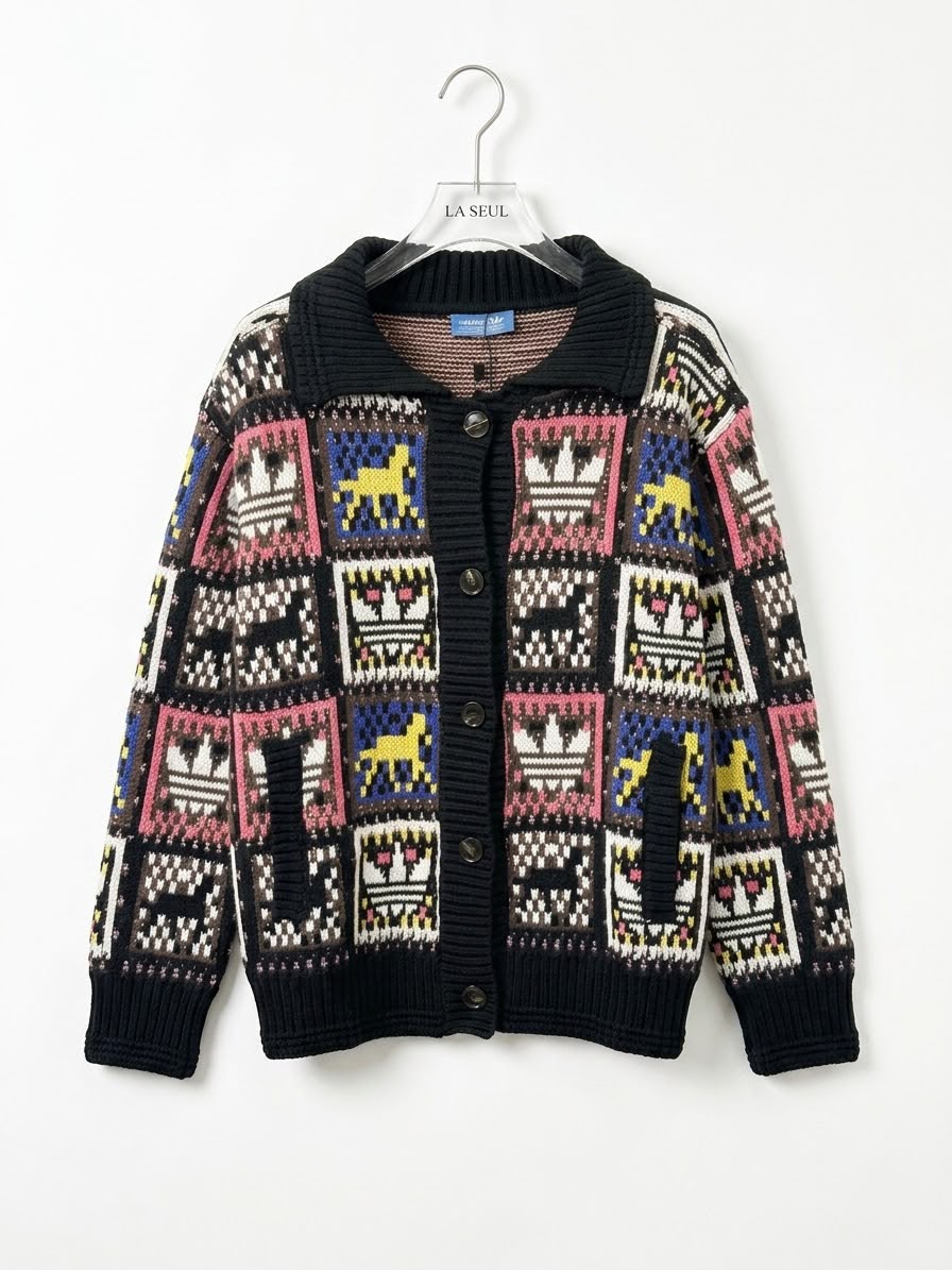 Adidas knit cardigan Black with multi-colored geometric pattern
